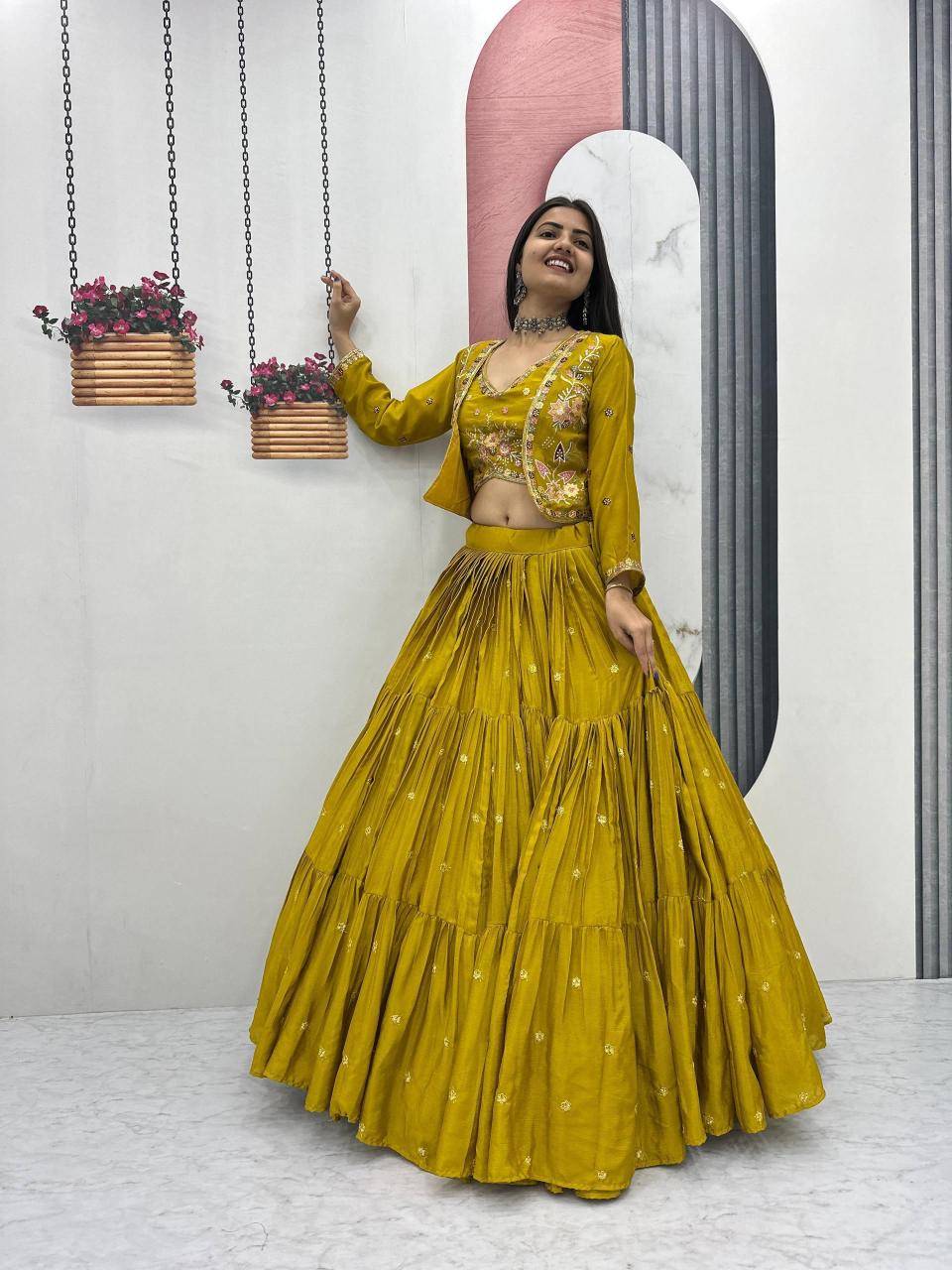 Big Flair 9 Pc-538 Chinon Yellow Bollywood Style Lehegha Choli in Mumbai