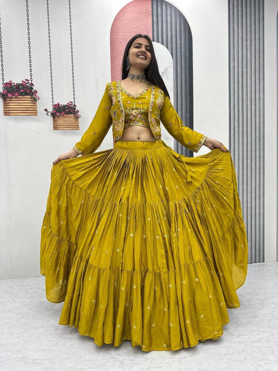 Big Flair 9 Pc-538 Chinon Yellow Bollywood Style Lehegha Choli in Mumbai