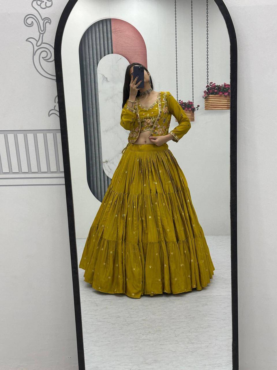 Big Flair 9 Pc-538 Chinon Yellow Bollywood Style Lehegha Choli in Mumbai