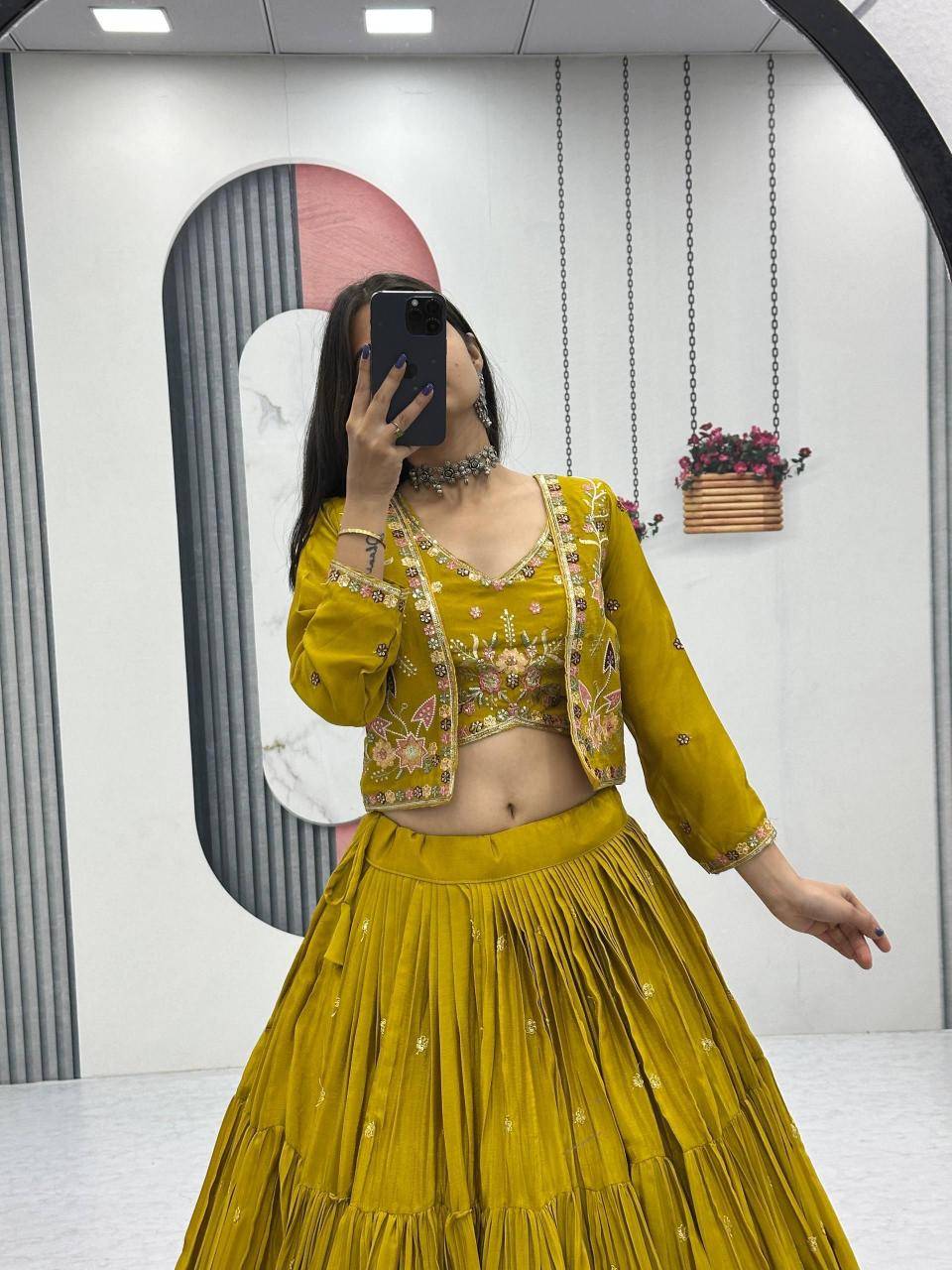 Big Flair 9 Pc-538 Chinon Yellow Bollywood Style Lehegha Choli in Mumbai