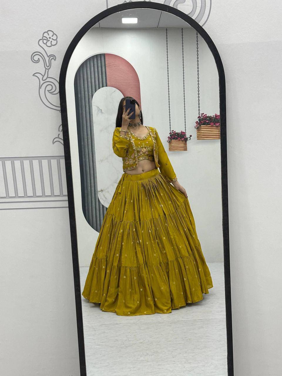 Big Flair 9 Pc-538 Chinon Yellow Bollywood Style Lehegha Choli in Mumbai
