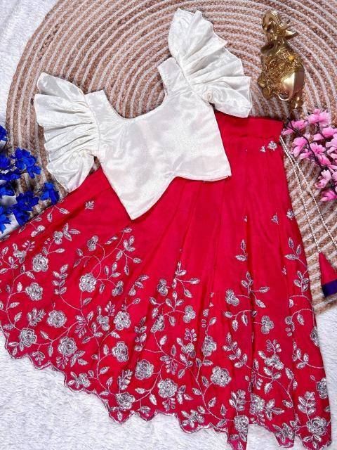 Pongal Festival Chinon Red Kurti Designer lehenga for kids