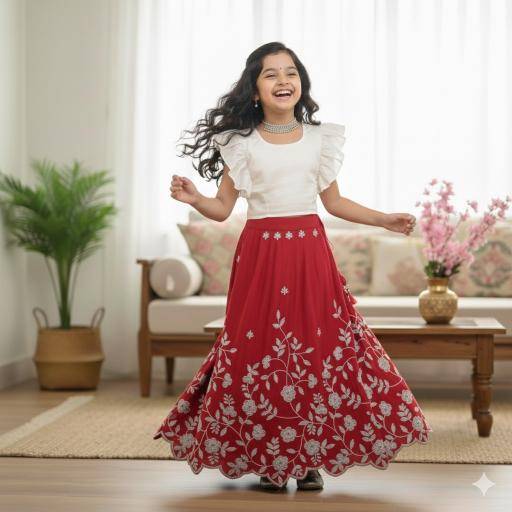 Pongal Festival Chinon Red Kurti Designer lehenga for kids