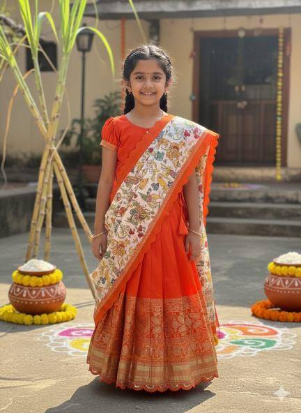Kalamkari Kids Half Saree Viscose Silk Orange Lehenga choli for baby girl