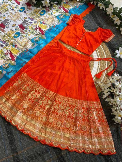 Kalamkari Kids Half Saree Viscose Silk Orange Lehenga choli for baby girl