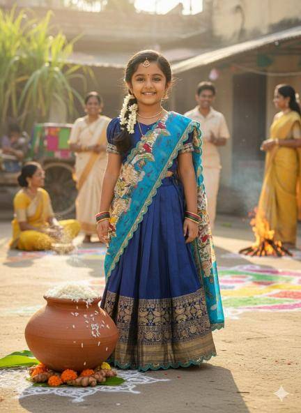 Kalamkari Kids Half Saree Viscose Silk Blue Affordable lehenga choli for kids