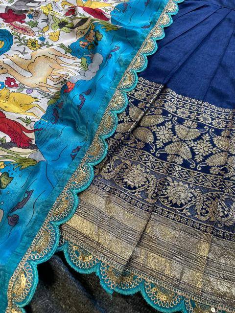 Kalamkari Kids Half Saree Viscose Silk Blue Affordable lehenga choli for kids