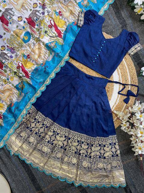 Kalamkari Kids Half Saree Viscose Silk Blue Affordable lehenga choli for kids
