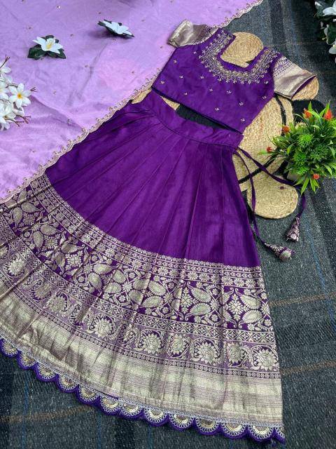 Pongal Panch Purple Silk Bollywood style kids lehenga
