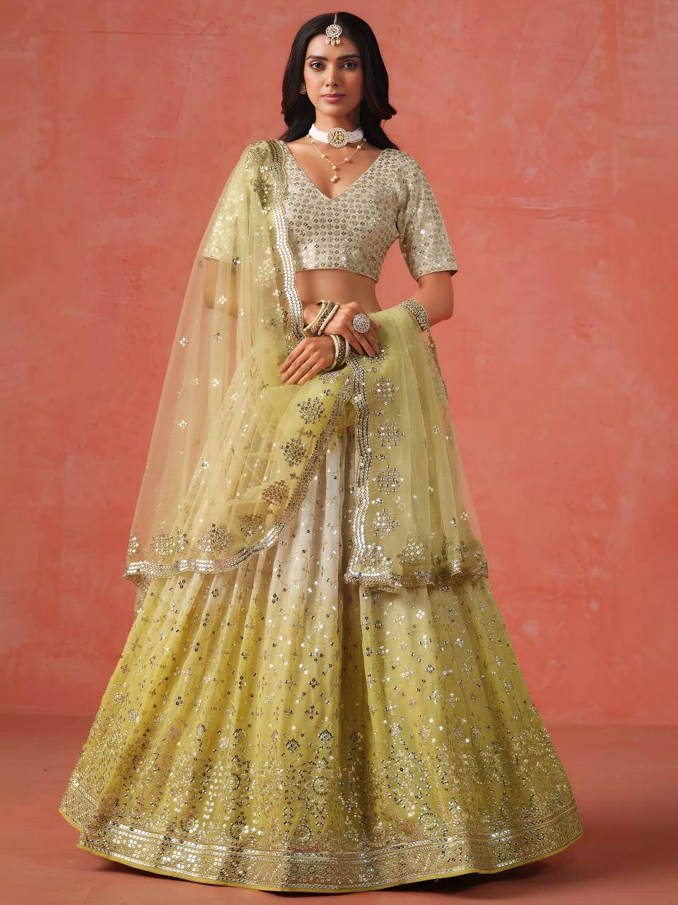OMBRE Georgette YELLOW Bridal Lehengha choli wholesale market in Gujarat