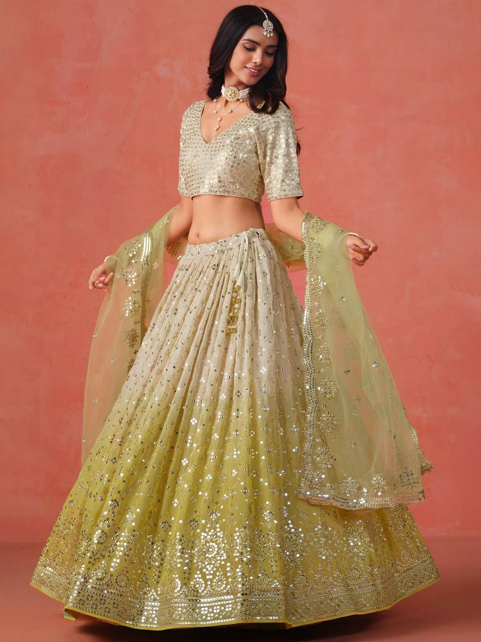 OMBRE Georgette YELLOW Bridal Lehengha choli wholesale market in Gujarat