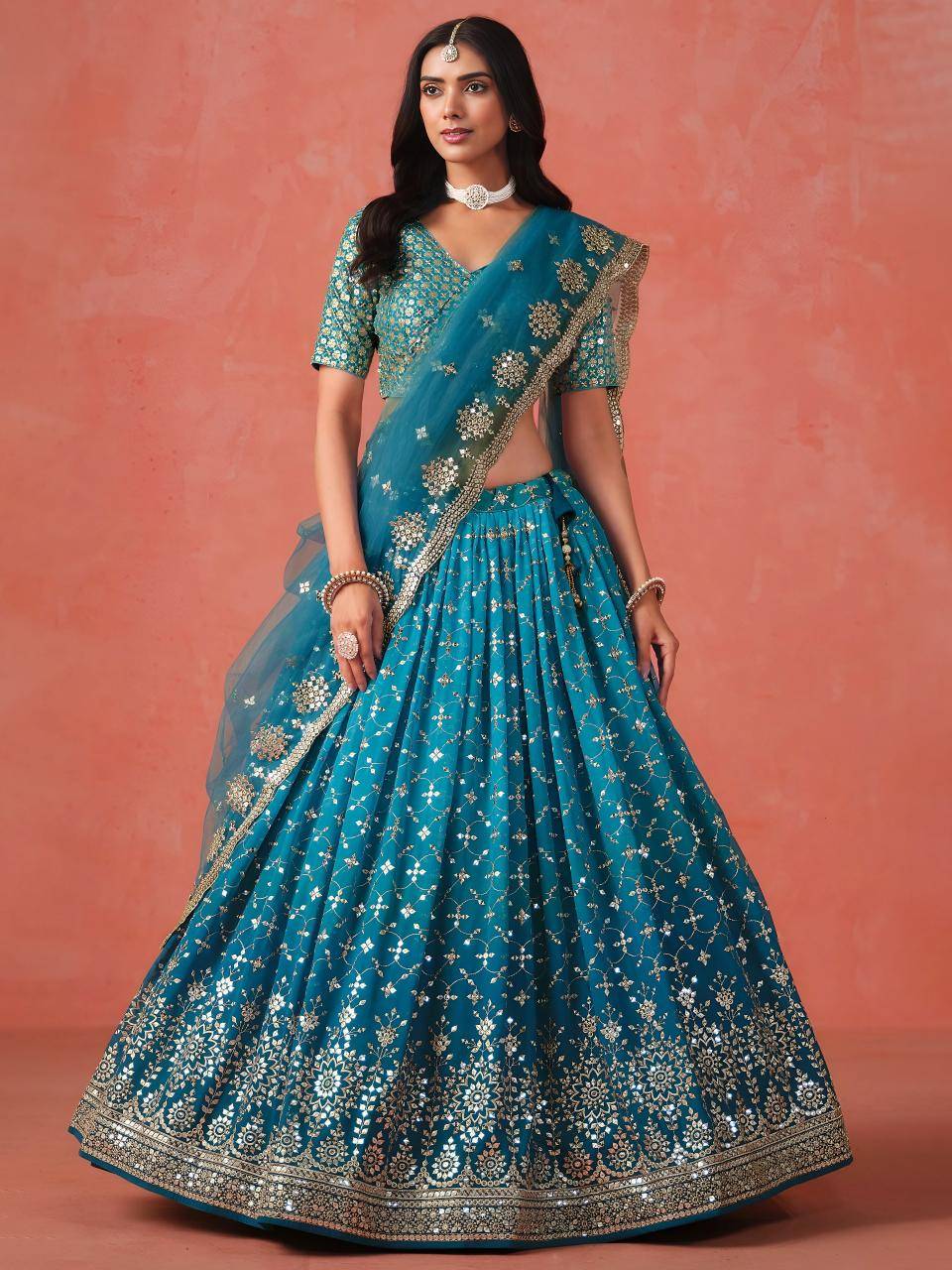 OMBRE Georgette Rama Blue Traditional Lehengha choli wholesale in Gujarat