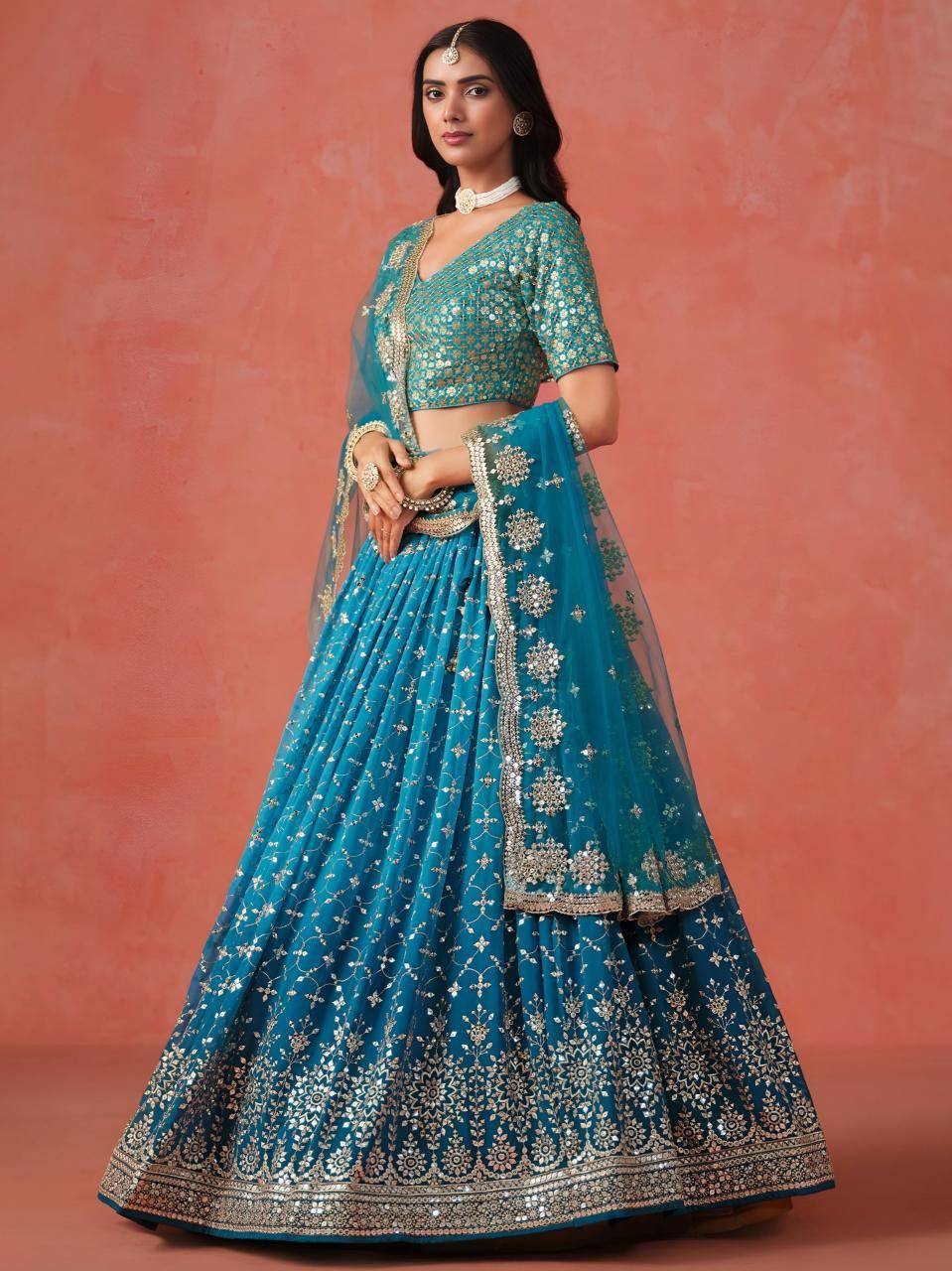 OMBRE Georgette Rama Blue Traditional Lehengha choli wholesale in Gujarat