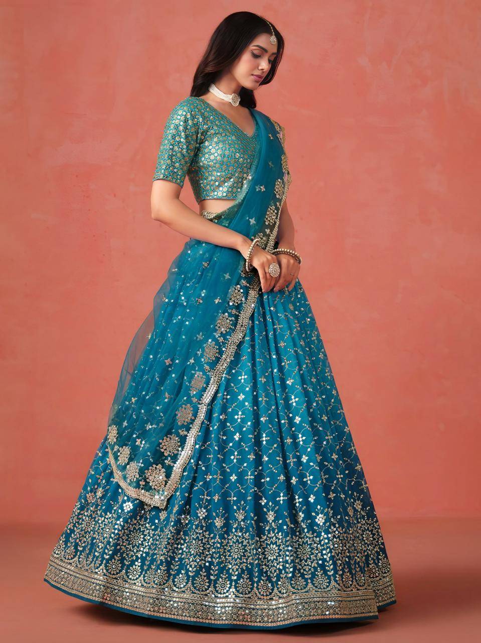 OMBRE Georgette Rama Blue Traditional Lehengha choli wholesale in Gujarat