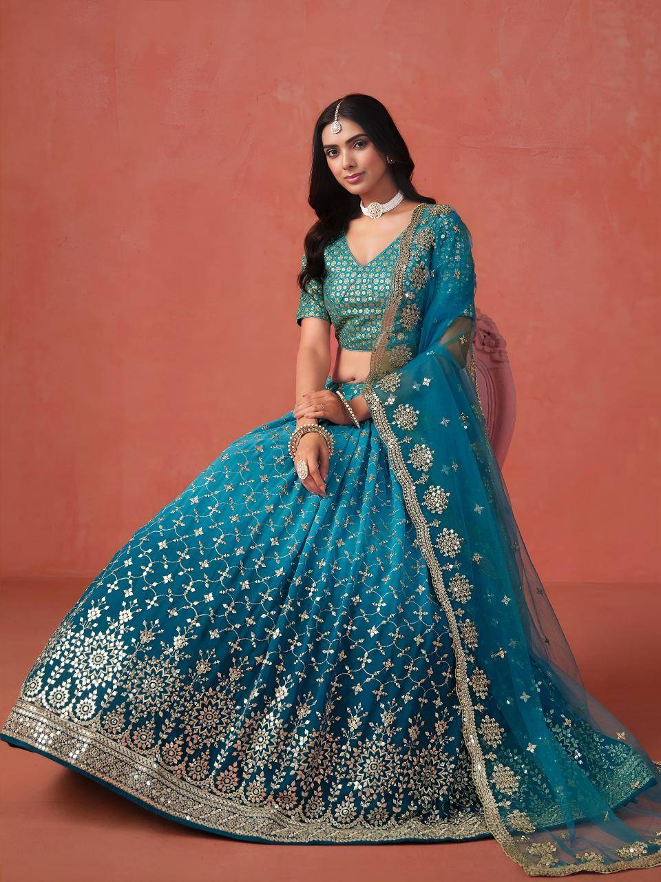 OMBRE Georgette Rama Blue Traditional Lehengha choli wholesale in Gujarat