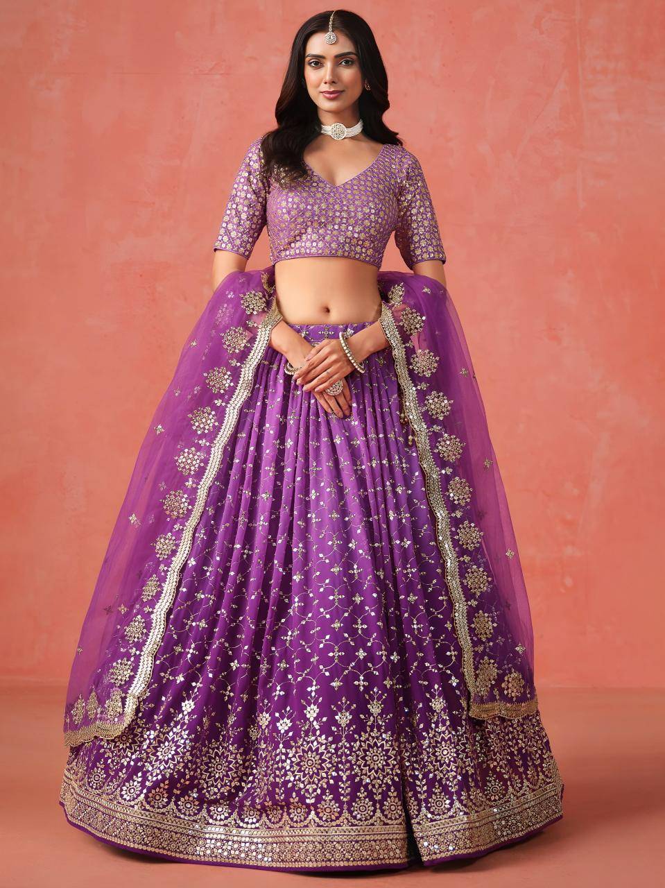 OMBRE Georgette Purple Cheap Lehengha choli wholesale in Gujarat