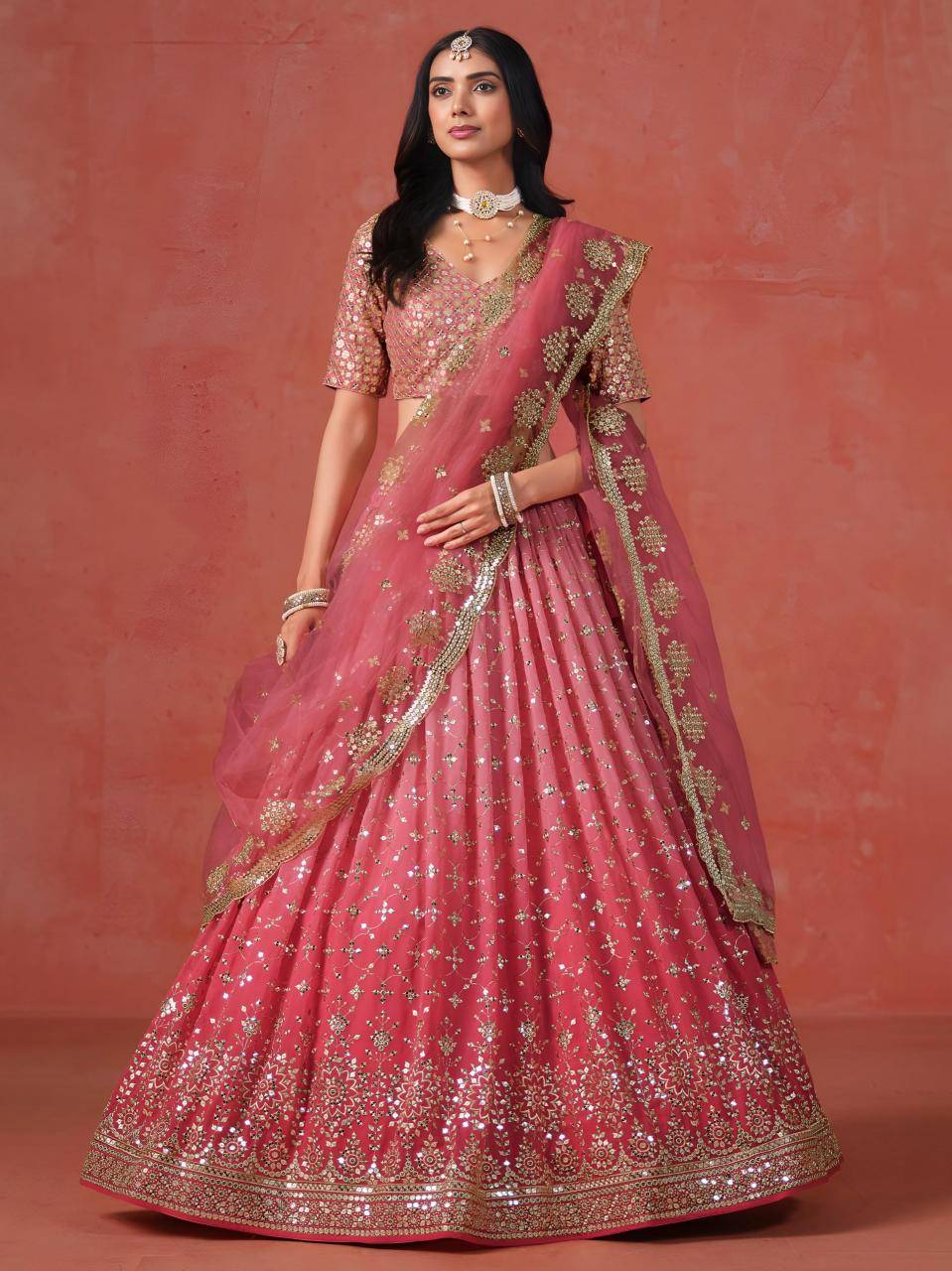 OMBRE Georgette Peach Lehengha choli wholesale online in Gujarat