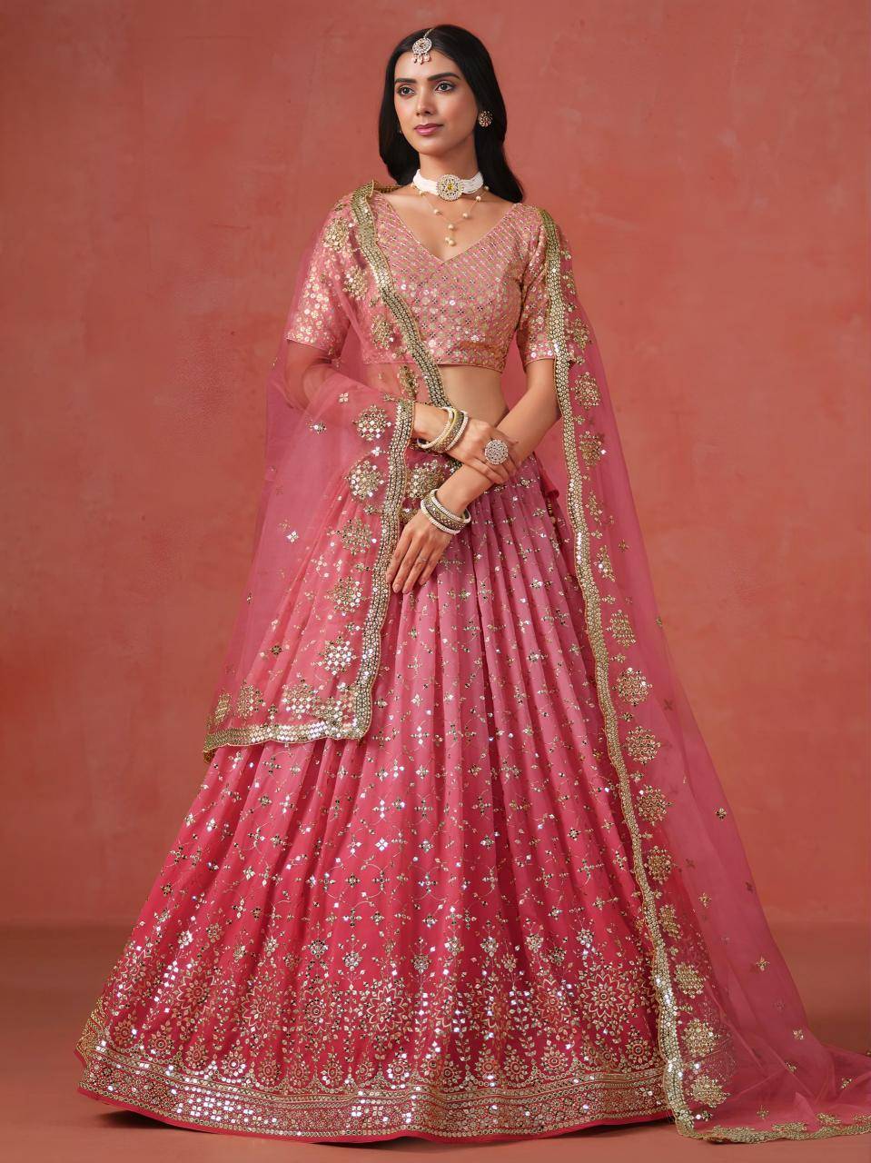 OMBRE Georgette Peach Lehengha choli wholesale online in Gujarat