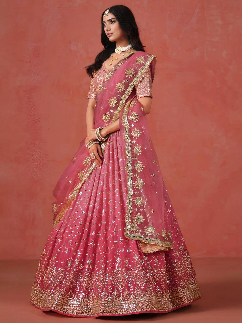 OMBRE Georgette Peach Lehengha choli wholesale online in Gujarat