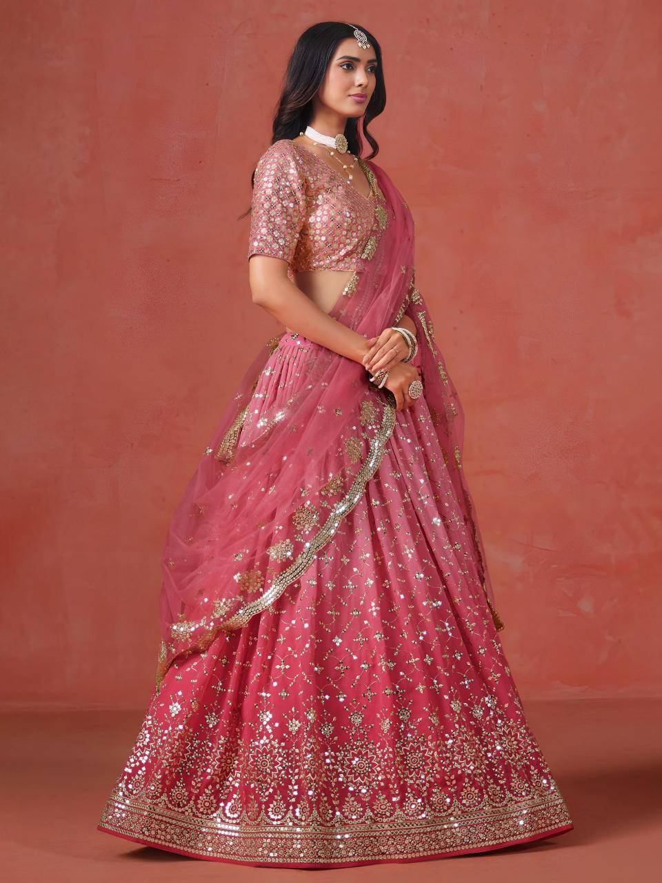 OMBRE Georgette Peach Lehengha choli wholesale online in Gujarat