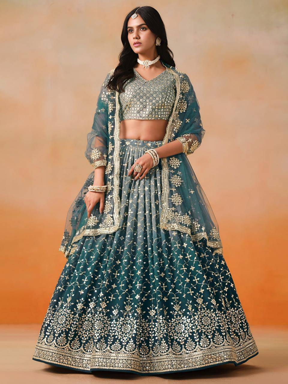 OMBRE Georgette Dove Blue Pure silk Lehengha choli wholesale in Gujarat