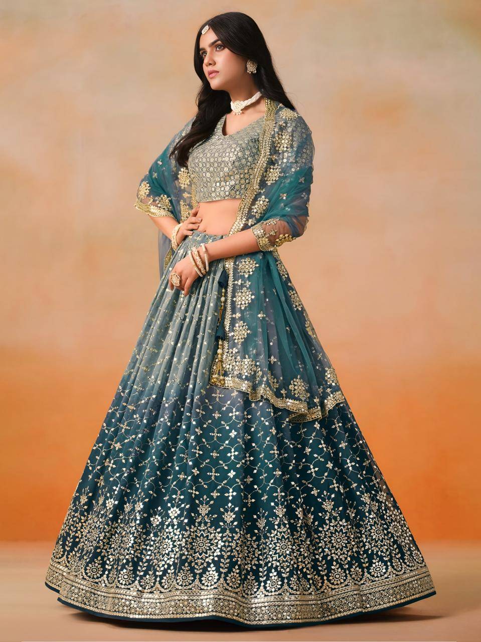 OMBRE Georgette Dove Blue Pure silk Lehengha choli wholesale in Gujarat