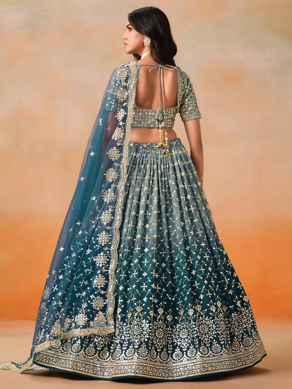 OMBRE Georgette Dove Blue Pure silk Lehengha choli wholesale in Gujarat