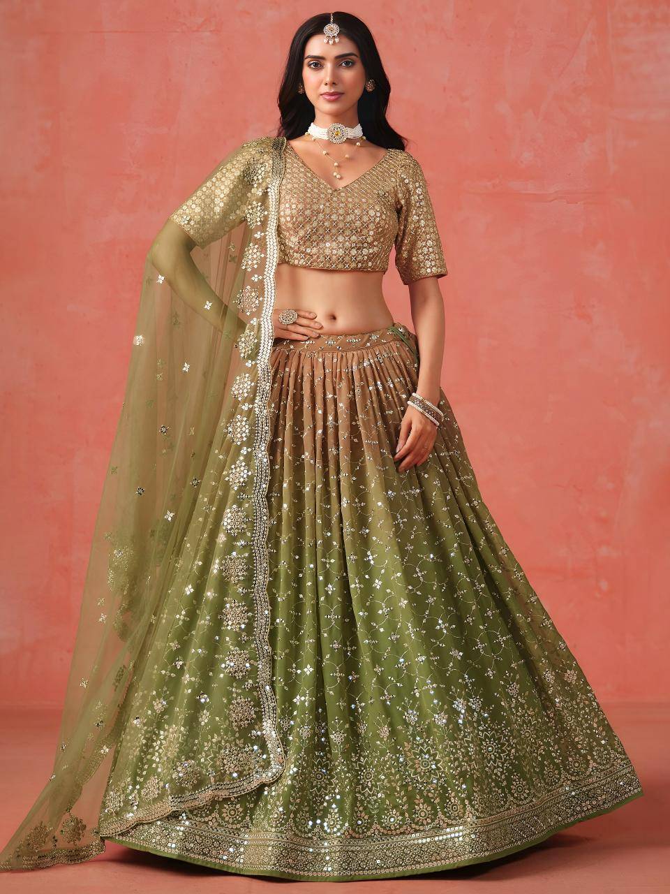 OMBRE Georgette Mehndi Embroidered Lehengha choli wholesale in Gujarat