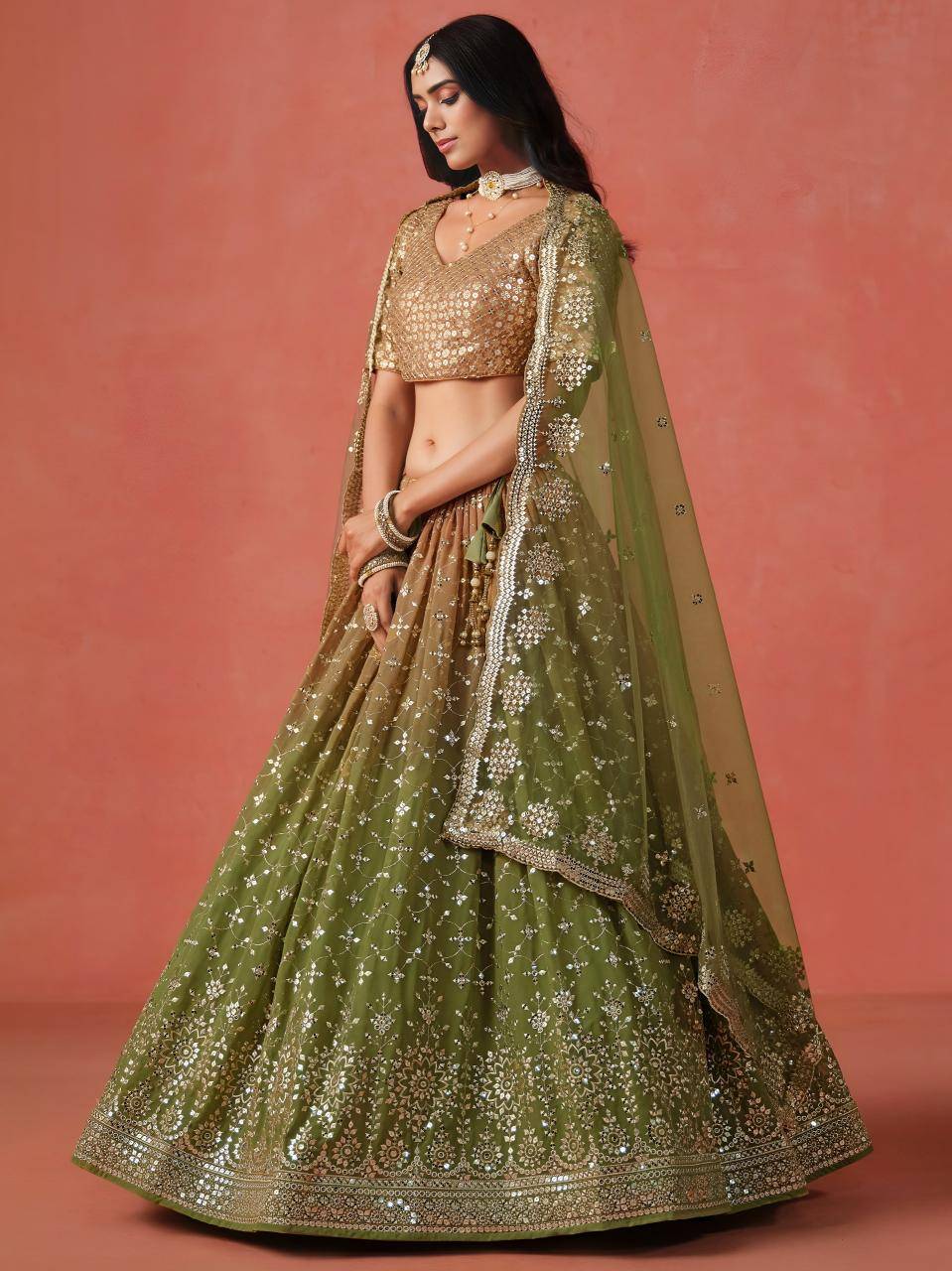 OMBRE Georgette Mehndi Embroidered Lehengha choli wholesale in Gujarat