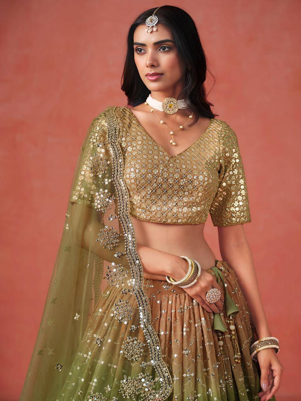 OMBRE Georgette Mehndi Embroidered Lehengha choli wholesale in Gujarat