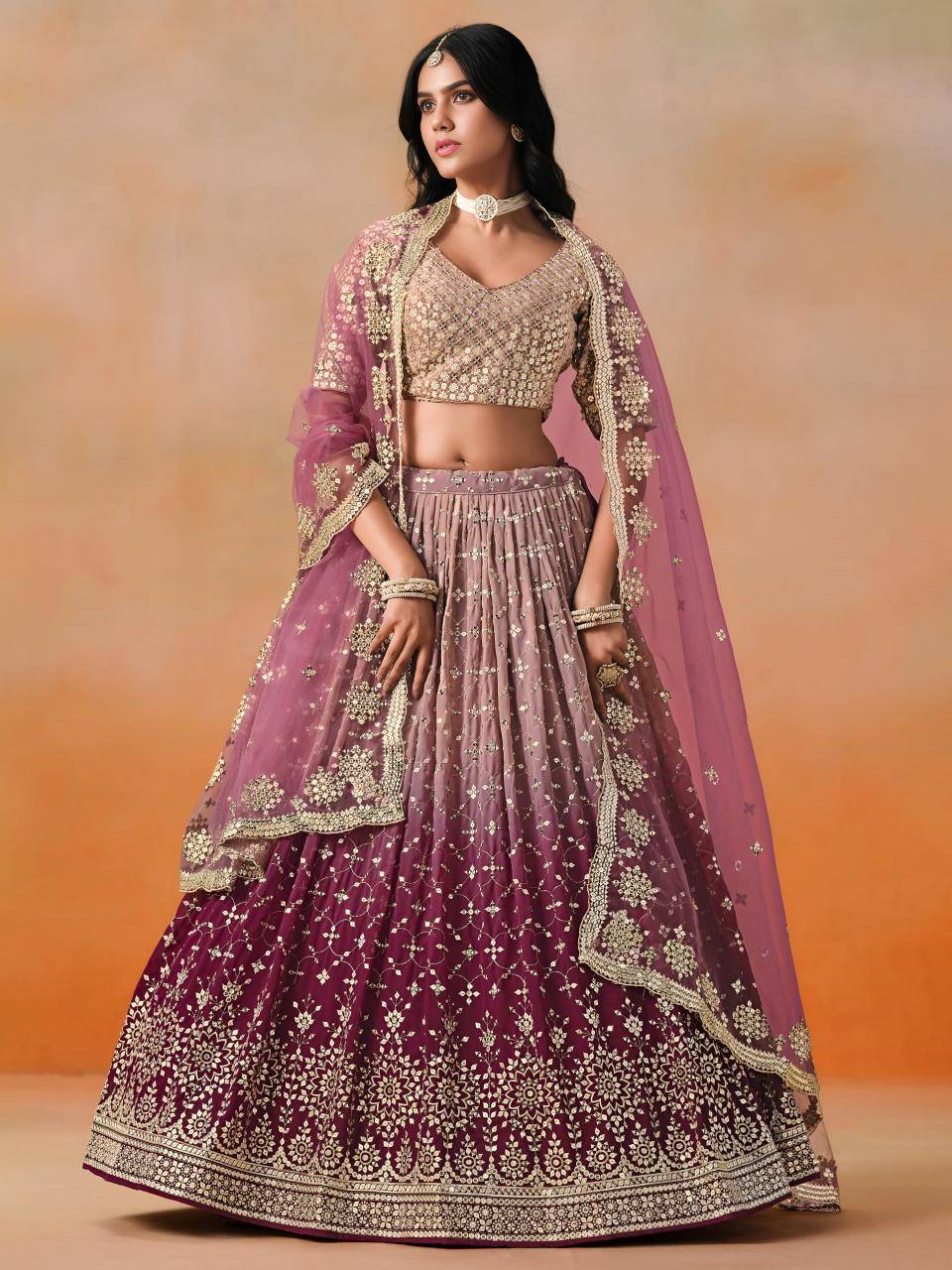 OMBRE Georgette Maroon Bollywood Lehengha choli wholesale in Gujarat