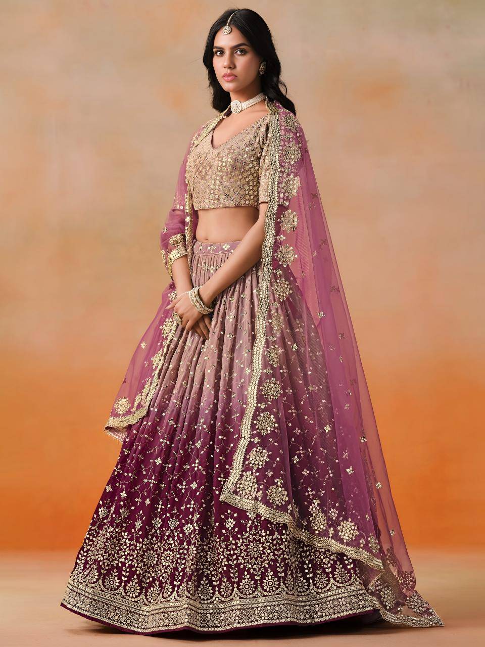 OMBRE Georgette Maroon Bollywood Lehengha choli wholesale in Gujarat