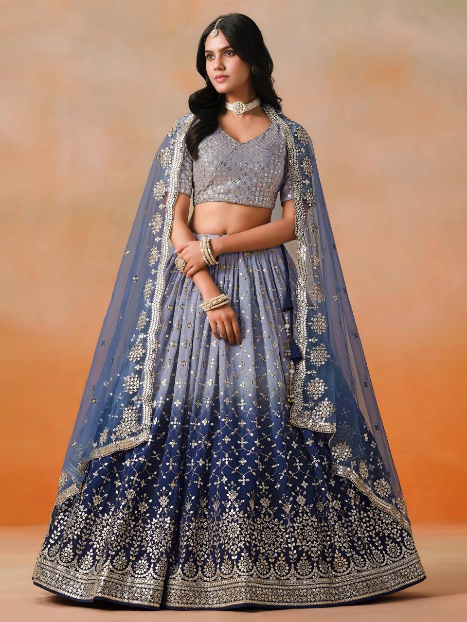 OMBRE Georgette Navy Blue Net Designer Lehengha choli wholesale market in Gujarat