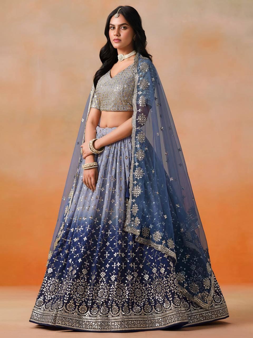 OMBRE Georgette Navy Blue Net Designer Lehengha choli wholesale market in Gujarat