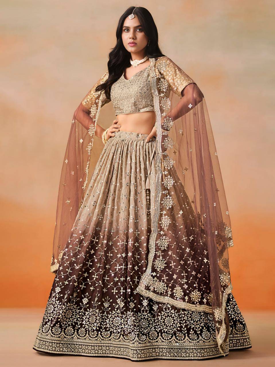 OMBRE Georgette Brown Resham work Lehengha choli wholesale in Gujarat