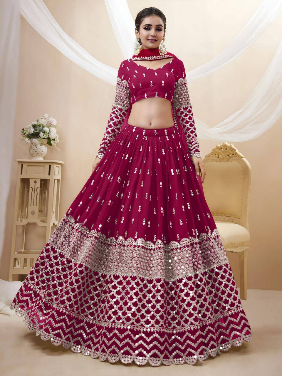OMBRE Georgette Hot Pink Partywear Lehengha choli wholesale in Gujarat