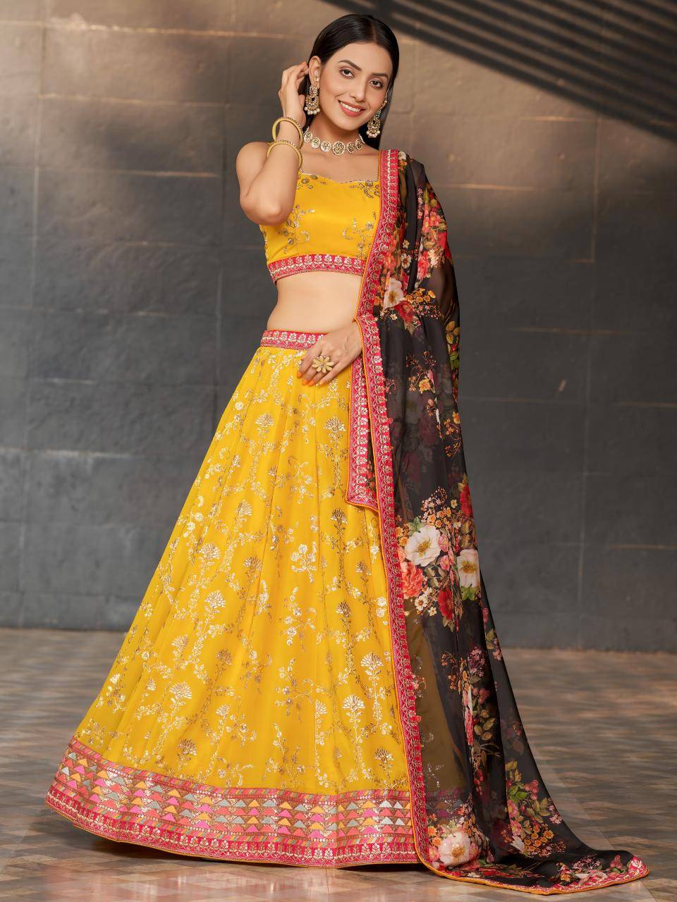 Mustard Yellow Floral Embroidered Georgette Bridal lehengha choli wholesale market in Delhi 