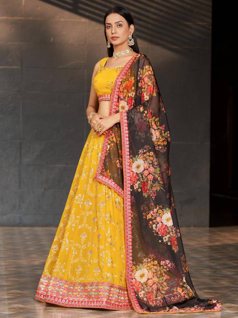 Mustard Yellow Floral Embroidered Georgette Bridal lehengha choli wholesale market in Delhi 