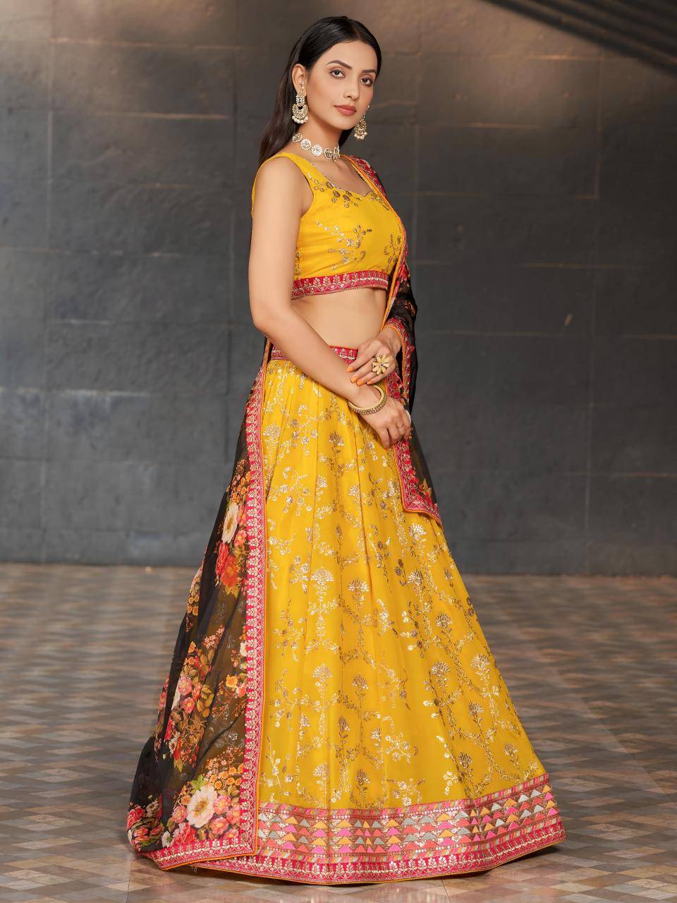Mustard Yellow Floral Embroidered Georgette Bridal lehengha choli wholesale market in Delhi 
