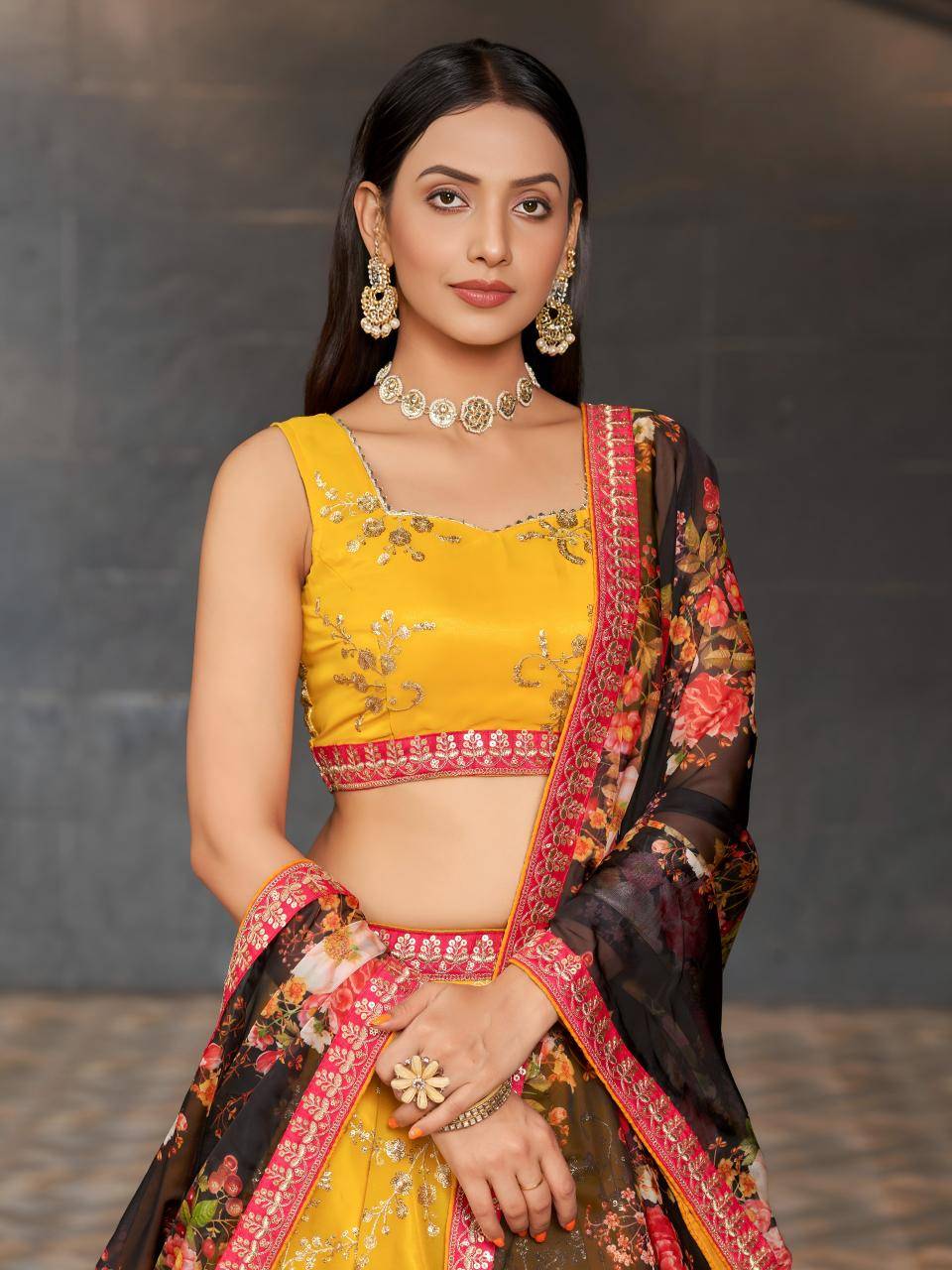 Mustard Yellow Floral Embroidered Georgette Bridal lehengha choli wholesale market in Delhi 