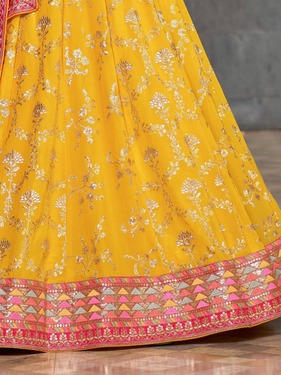 Mustard Yellow Floral Embroidered Georgette Bridal lehengha choli wholesale market in Delhi 
