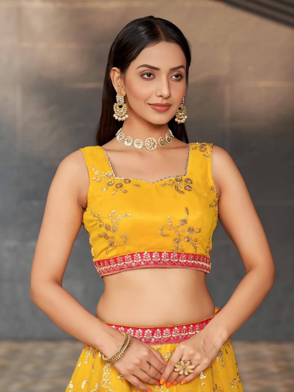 Mustard Yellow Floral Embroidered Georgette Bridal lehengha choli wholesale market in Delhi 