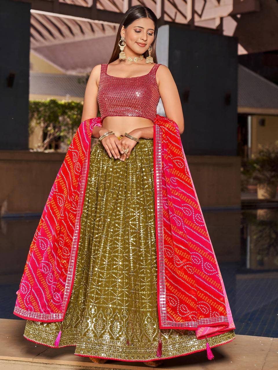 Olive Green Floral Embroidered Georgette Online lehengha choli wholesale market in Delhi