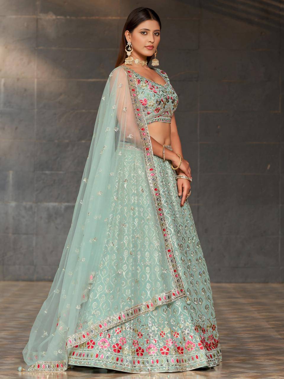 Sky Blue Floral Embroidered Georgette Lehengha choli manufacturers in Delhi wholesale