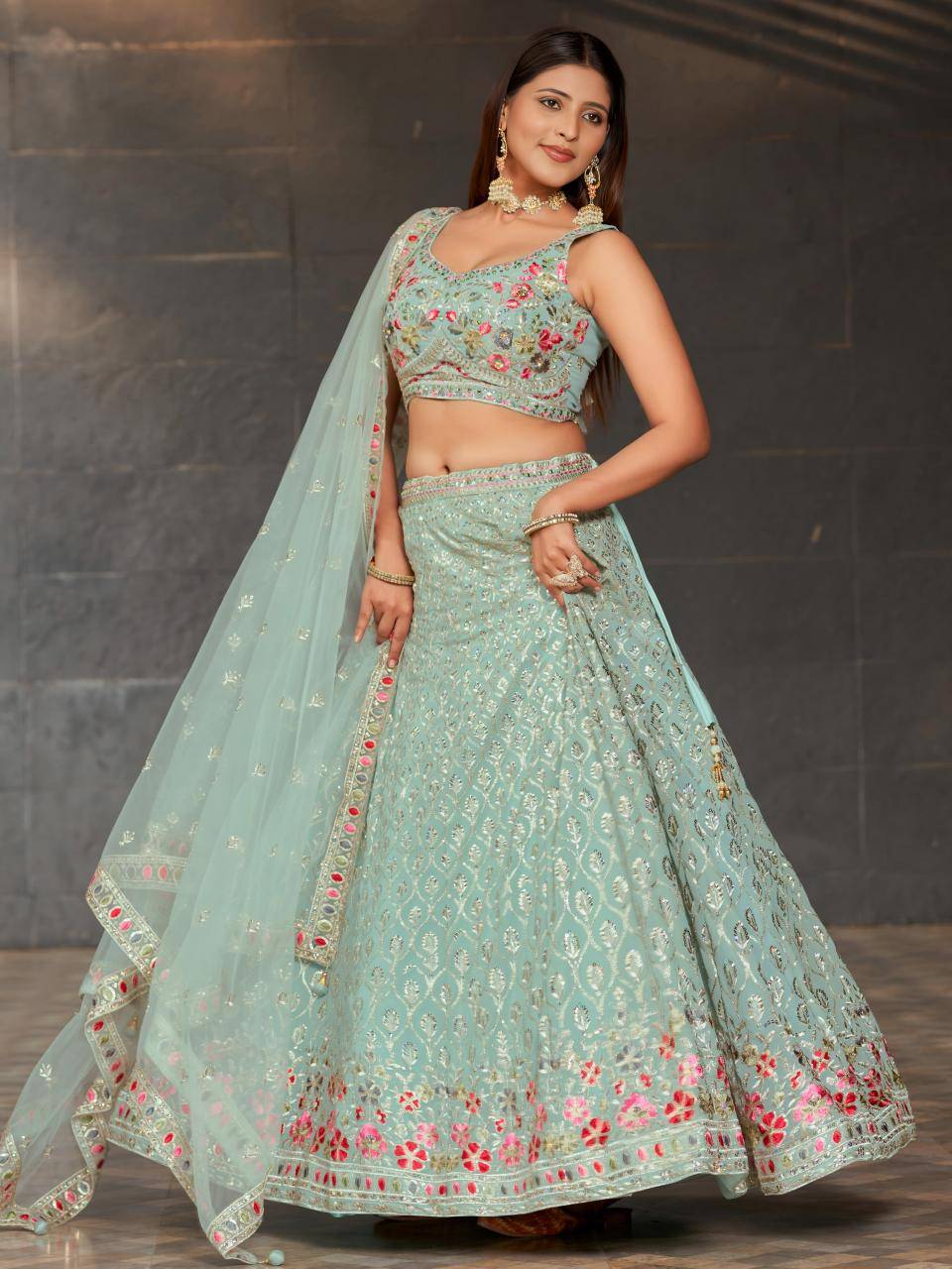 Sky Blue Floral Embroidered Georgette Lehengha choli manufacturers in Delhi wholesale