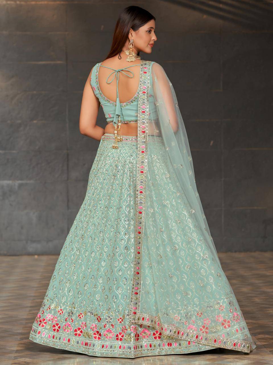 Sky Blue Floral Embroidered Georgette Lehengha choli manufacturers in Delhi wholesale