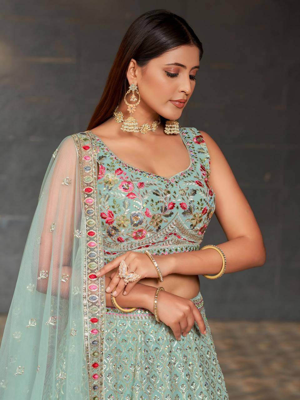 Sky Blue Floral Embroidered Georgette Lehengha choli manufacturers in Delhi wholesale