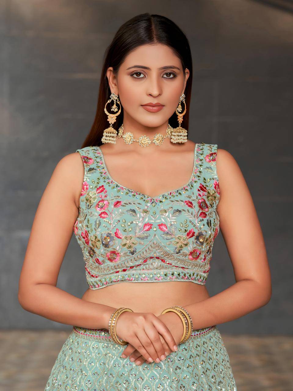 Sky Blue Floral Embroidered Georgette Lehengha choli manufacturers in Delhi wholesale