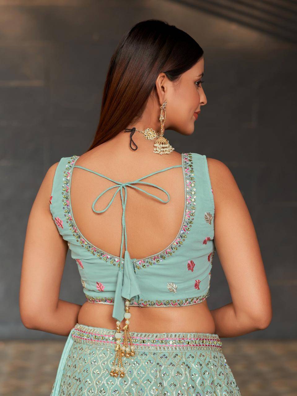 Sky Blue Floral Embroidered Georgette Lehengha choli manufacturers in Delhi wholesale