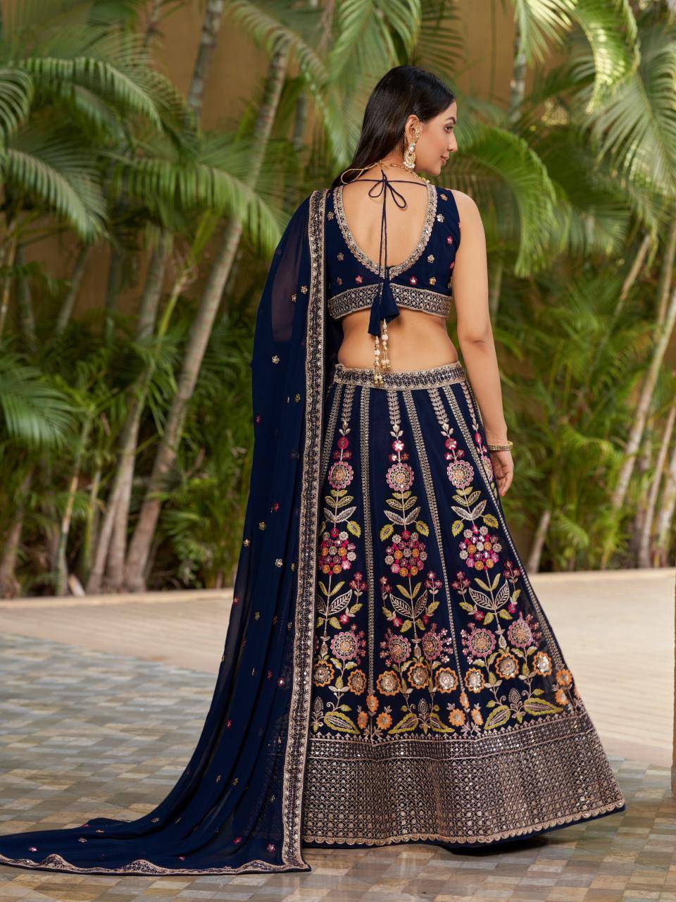 Navy Blue Floral Embroidered Georgette Bulk lehengha choli market in Delhi 